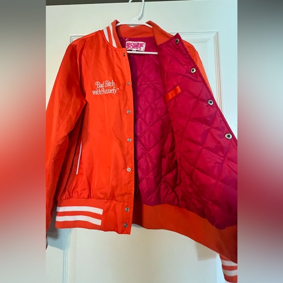 Brownie Points Bad B with Anxiety orange varsity bomber jacket size small - Picture 2 of 4